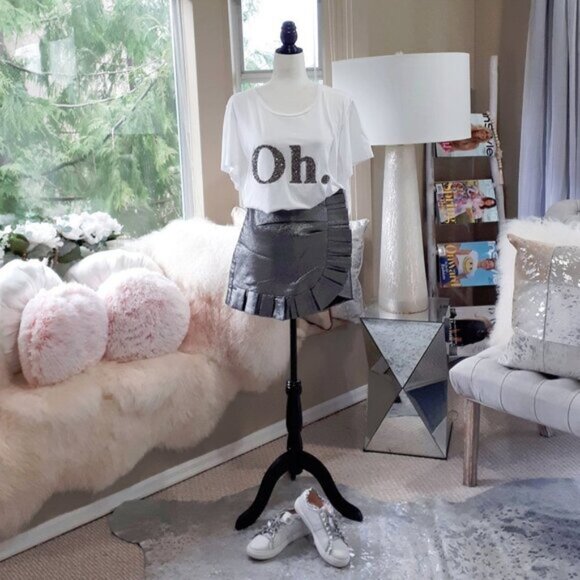 NWT Do+Be charcoal grey silver metallic thread pleated asymmetrical miniskirt M - Picture 8 of 13